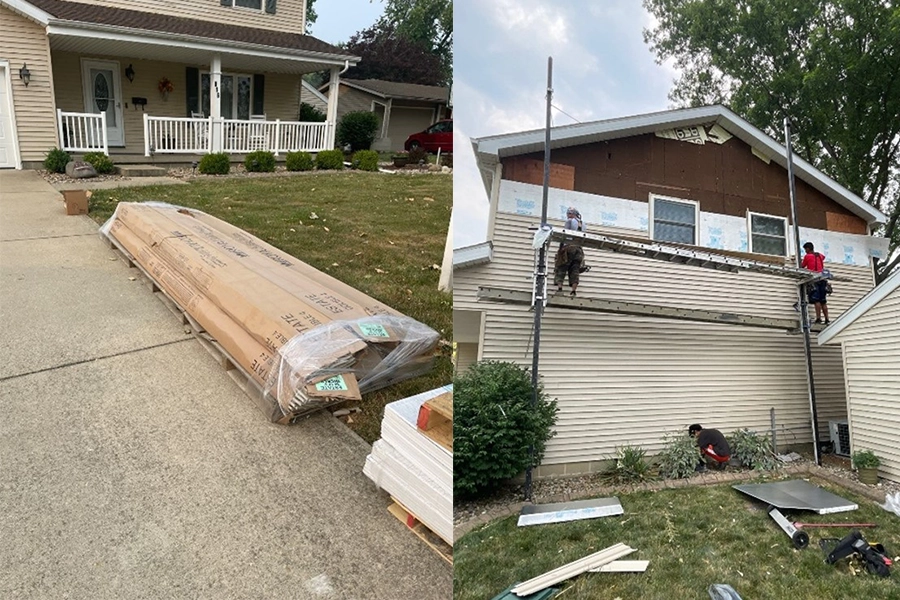 The photo on the left is a photo of Royal Building Products Siding packaged on wooden pallets that will be used for replacement. The photo on the right is the Sutton’s crew installing the new siding.