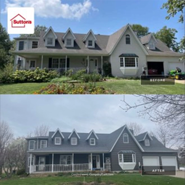 This is a before and after collage of a house that had its siding replaced by Sutton’s.