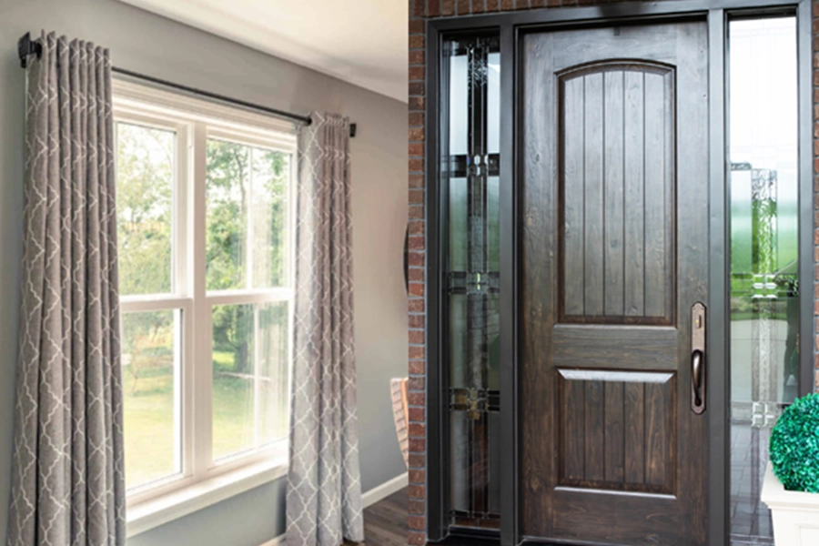 The photo on the left is a photo of Endure vinyl windows in Rochester, IL, and the photo on the right is an 8-foot-tall Signet Alder entry door with sidelites.