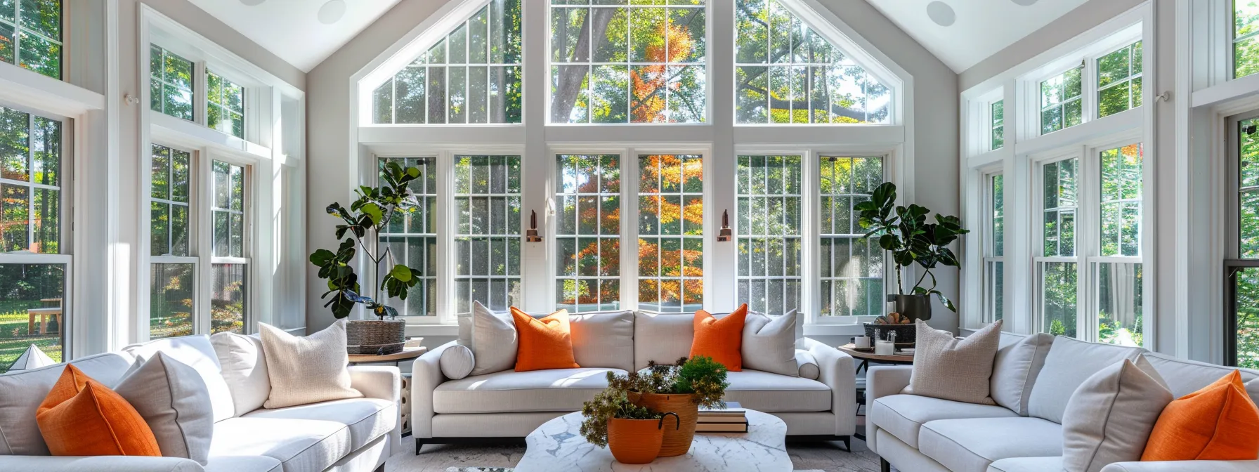 a modern living room featuring an elegant sunroom, showcasing distinct architectural styles of a cathedral and studio design, with sleek furnishings and large glass windows that illuminate the space with a warm, inviting atmosphere.