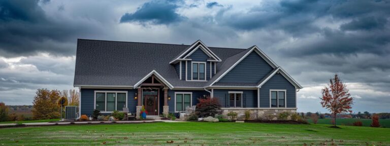 ProVia promo photo of a newer upscale one-story home in a rural Midwestern setting featuring new windows, a front door, and a roof – available from Sutton’s in Springfield IL
