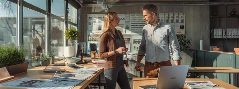 Stock photo of two AI-generated people having a discussion in a design center – used to illustrate Sutton’s remodeling design process